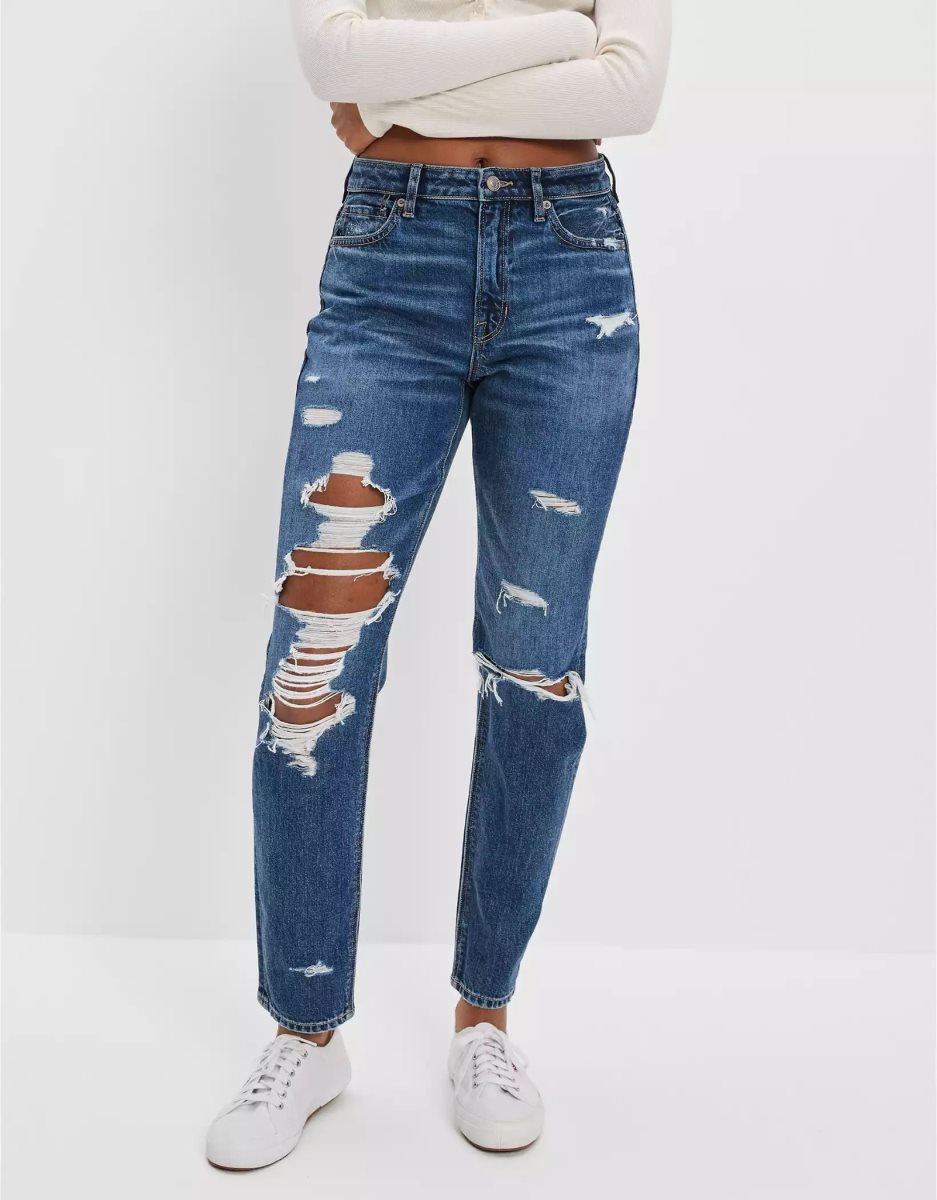 Jean American Eagle AE Strigid Ripped Mom Indigo Femme | RLG-27639942